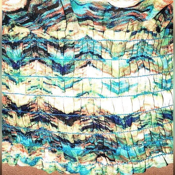 Wet Seal Sheer Green Abstract Print Tied Cold Shoulder Smock Waist Blouse Size M - Picture 3 of 8